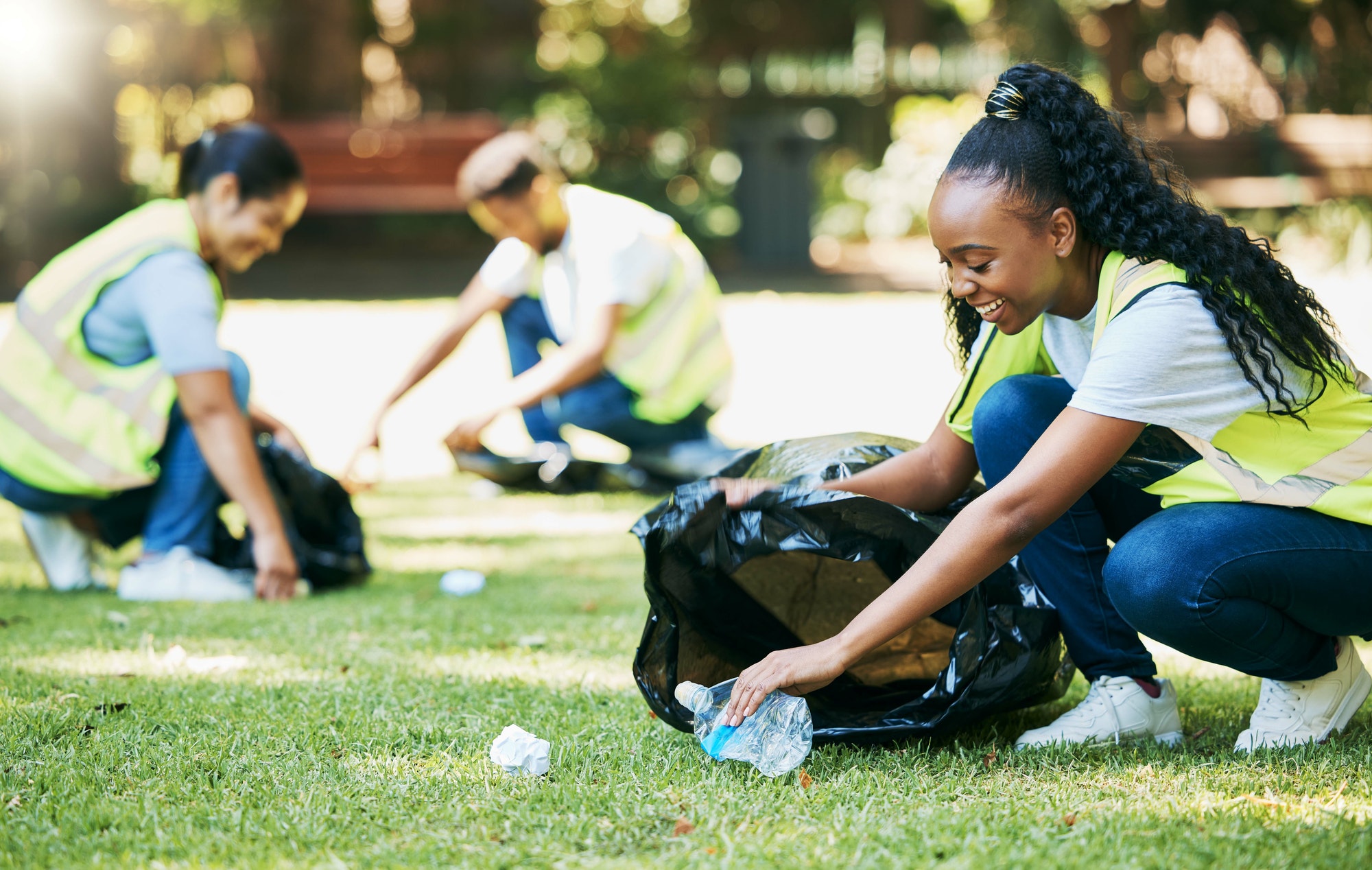 Volunteer group, nature park and cleaning for community service for clean environment, recycling an